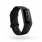 Product render of Fitbit Charge 4, 3QTR view, in Black.